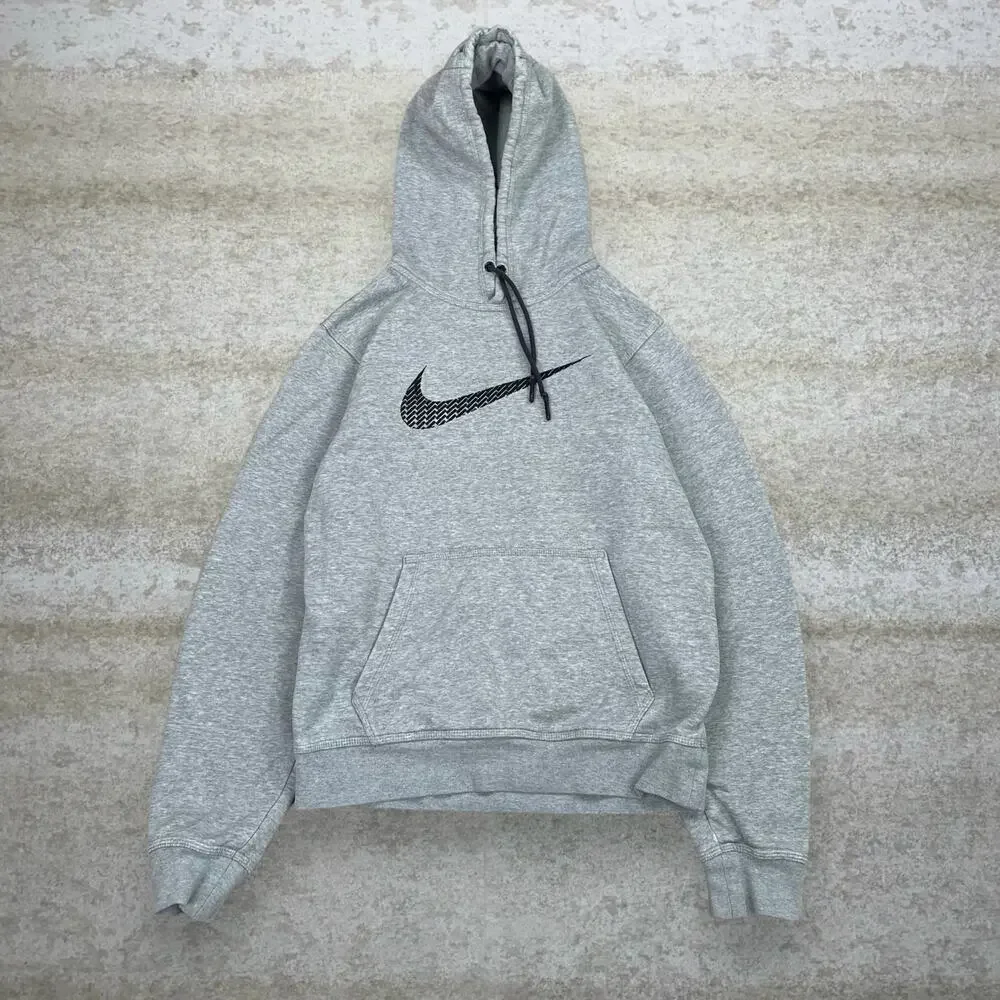 Vintage Y2K Nike Hoodie Mens S Grey Cotton Black Center Swoosh Large Logo